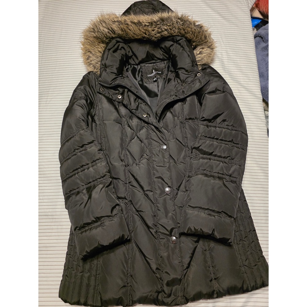 1171 London Fog Blk Quilted Puffer Coat Faux Fur Trim Hood Parka Jacket Womens L
